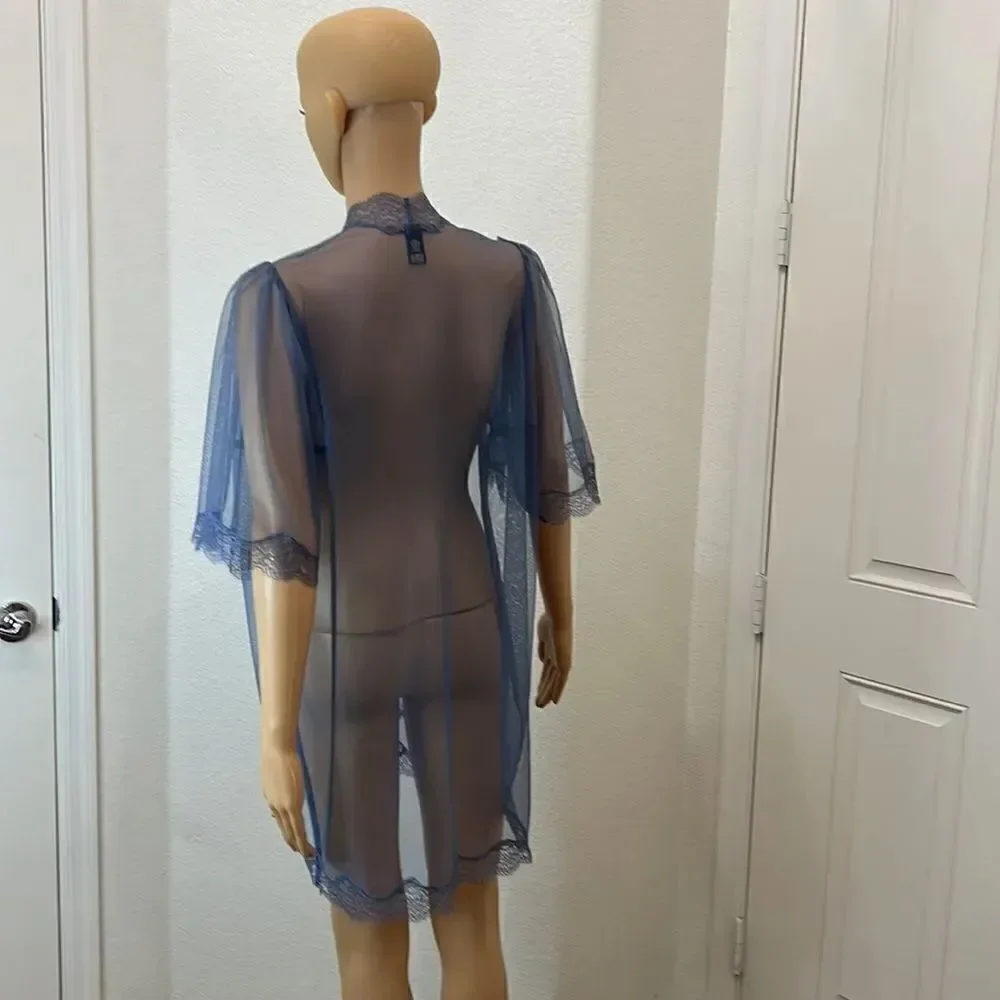 Victoria’s Secret Night Gown Sexy Intimate Robe Wrap Size XS/S Blue Sheer Lace